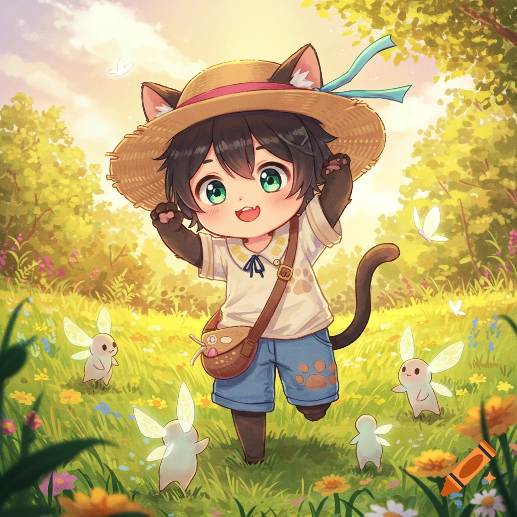 A cheerful anime catboy with green eyes and a straw hat runs through a sunny flower field with small fairies.