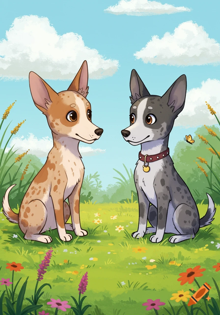 Cartoon of two small dogs, one spotted brown, one spotted grey, sitting in a grassy field with flowers under a blue sky.