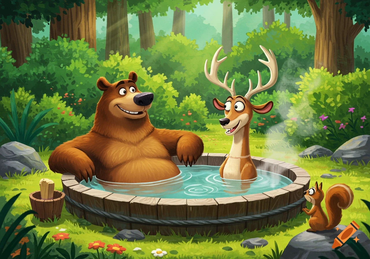 Cartoon bear and deer relaxing in a wooden hot tub in a forest, with a squirrel nearby.