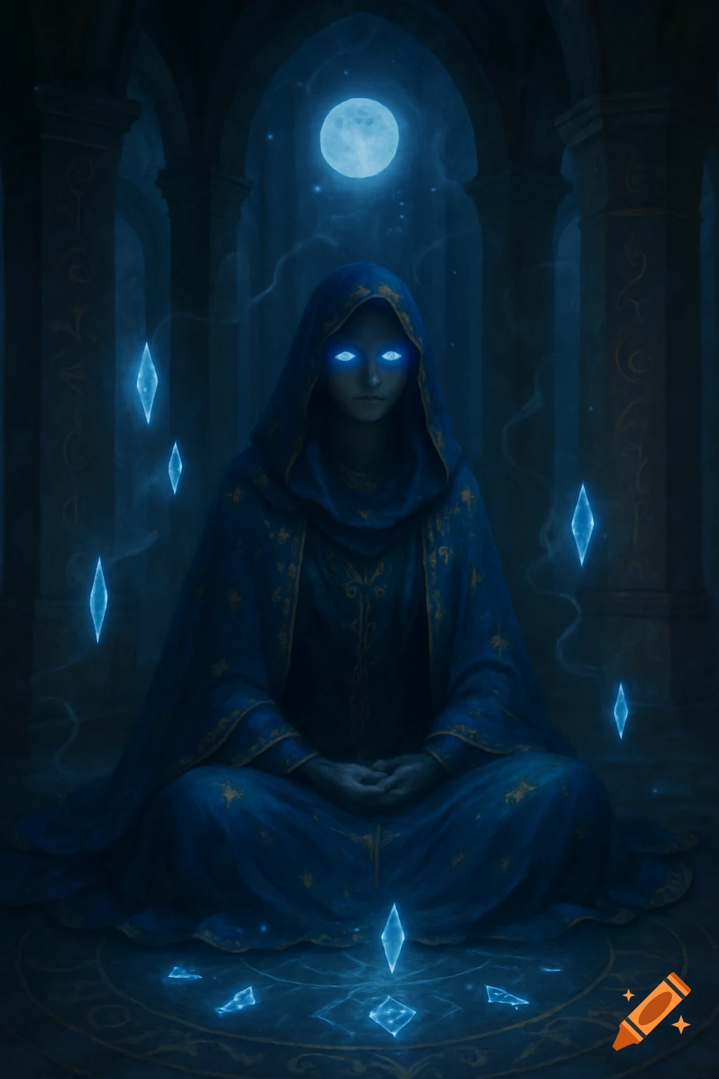 A hooded figure with glowing blue eyes sits meditating in a dark arched hall, surrounded by floating blue crystals and under a glowing blue moon. Dark fantasy art.
