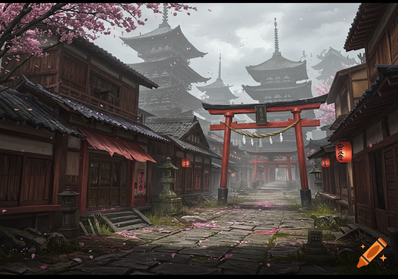 A misty, decaying medieval Japanese city street lined with traditional wooden buildings and cherry blossom trees, leading to multiple red torii gates and towering pagodas in the background.