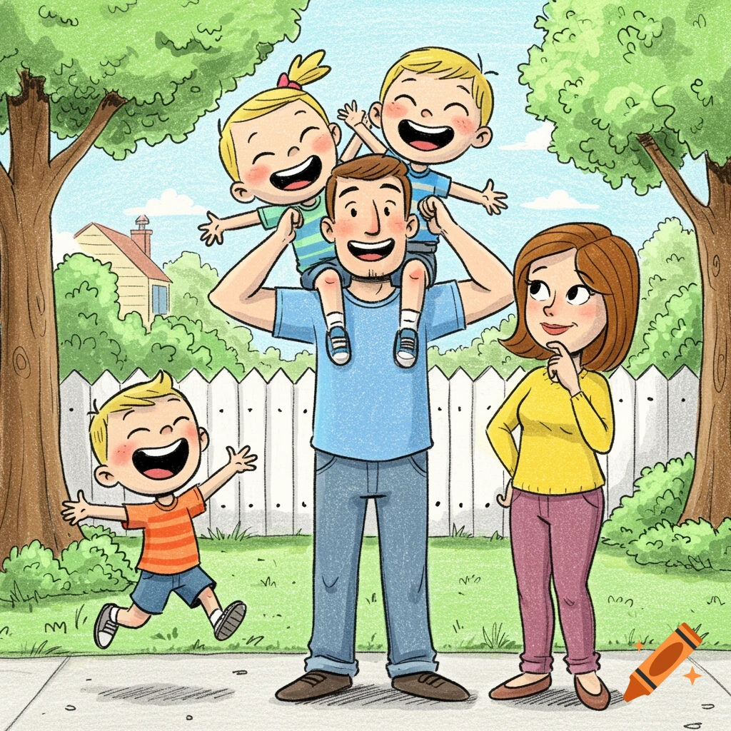 A happy cartoon family stands in a park. A dad carries two laughing children on his shoulders while another child runs beside him. A smiling mom watches them.