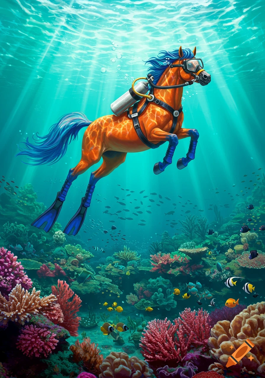 Orange and blue horse in scuba gear with flippers swims above a vibrant coral reef, bathed in sunlight filtering through clear blue water.