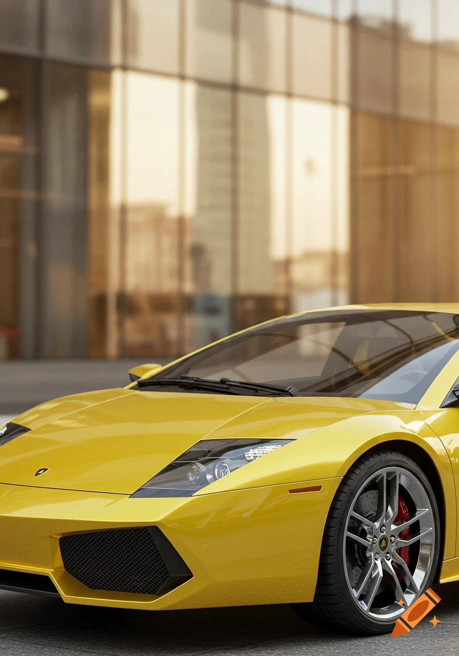 A hyper-realistic yellow Lamborghini Murcielago sports car parked in front of a modern glass building.