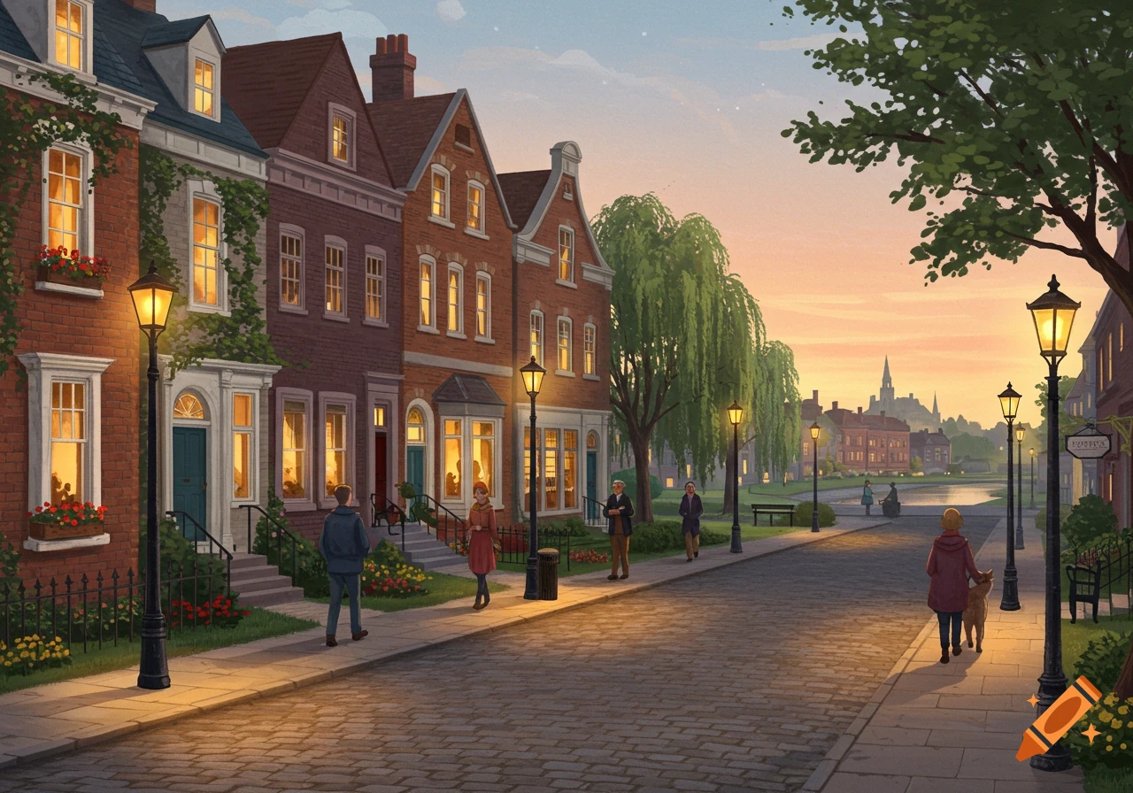 A charming European street scene at dusk with brick townhouses, gas lamps, and people strolling on cobblestone sidewalks.