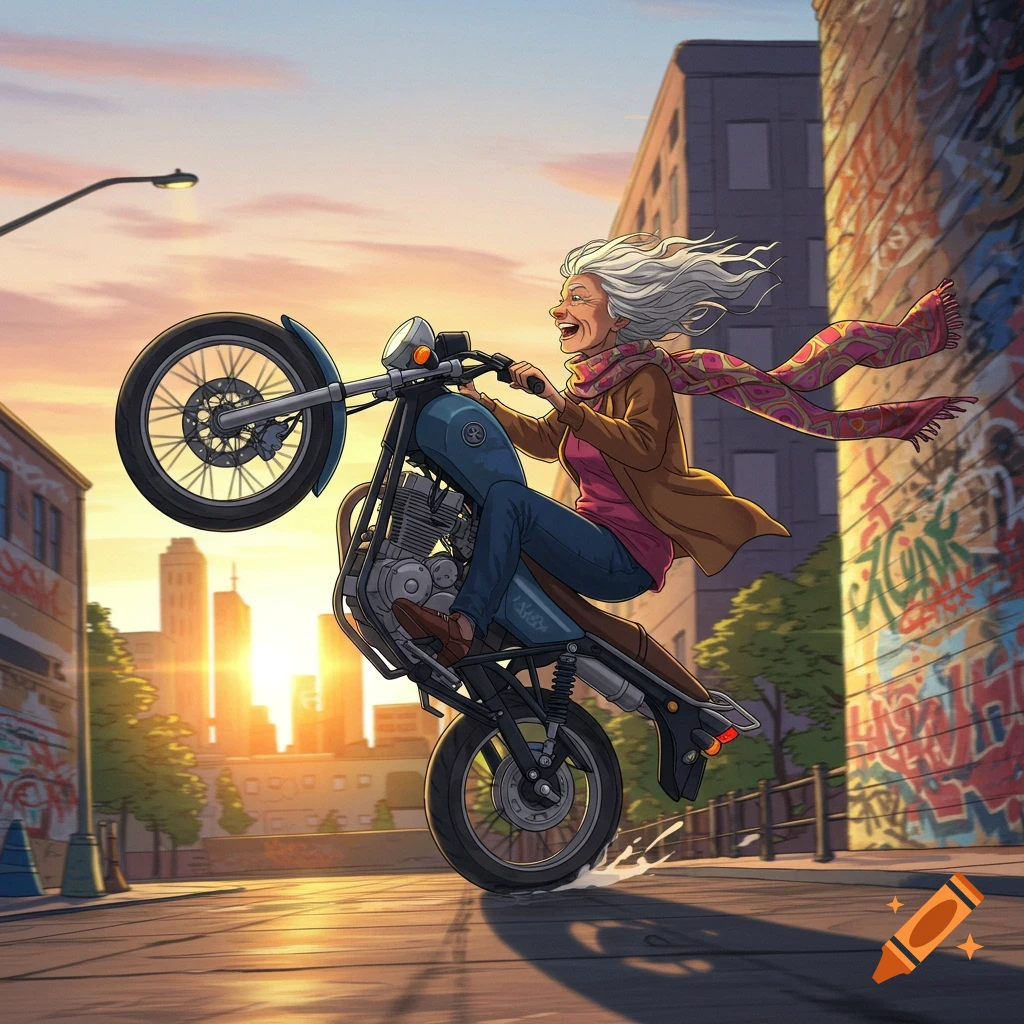 A happy elderly woman with white hair performs a wheelie on a motorcycle in a vibrant cartoon cityscape at sunset.