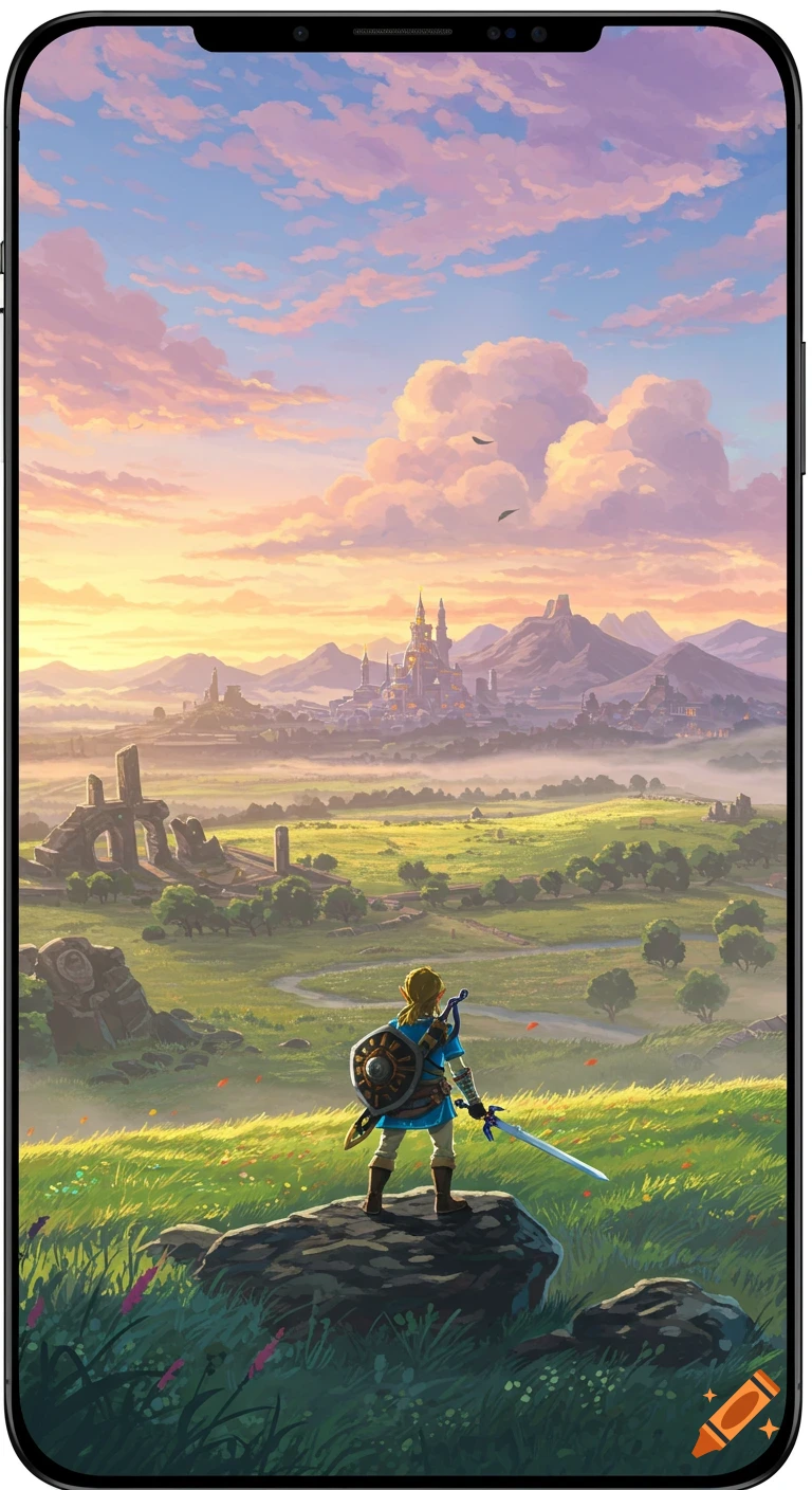 Link overlooks Hyrule Castle and a sunset landscape, presented as a Breath of the Wild iPhone wallpaper.