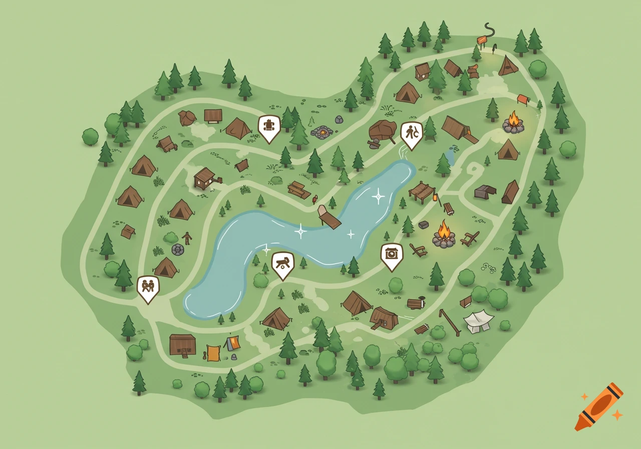A top-down illustrated map of a campground with a lake, tents, cabins, campfires, trees, and paths on a light green background.