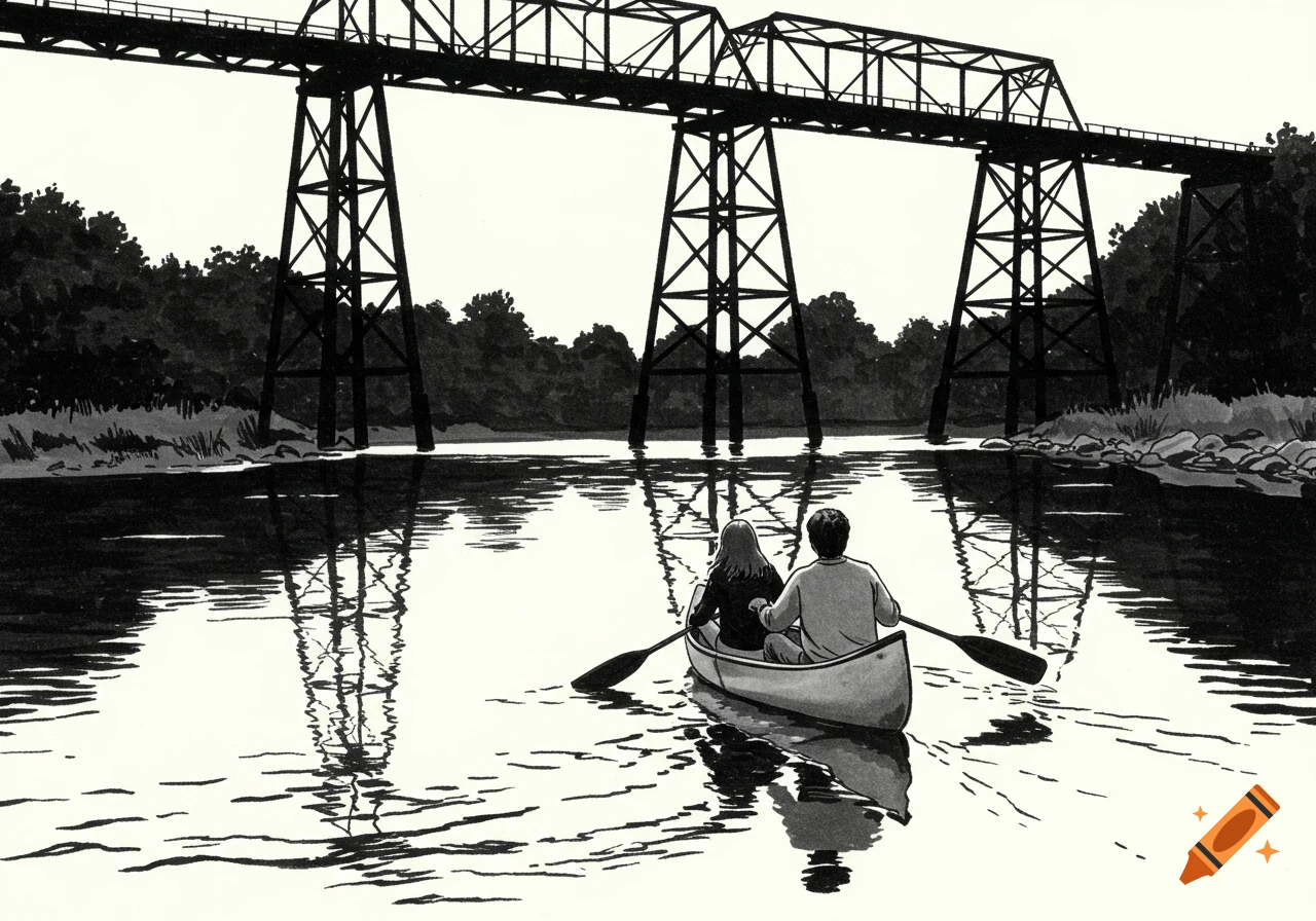 Young couple canoeing on a river under a high trestle bridge. Black and white retro illustration.
