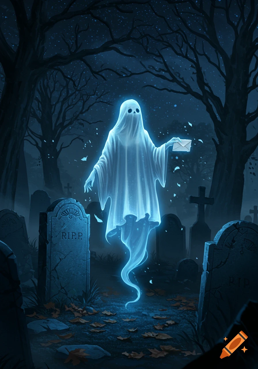 A blue glowing ghost in a white sheet with skull-like eyes floats in a dark graveyard at night, holding a white envelope.