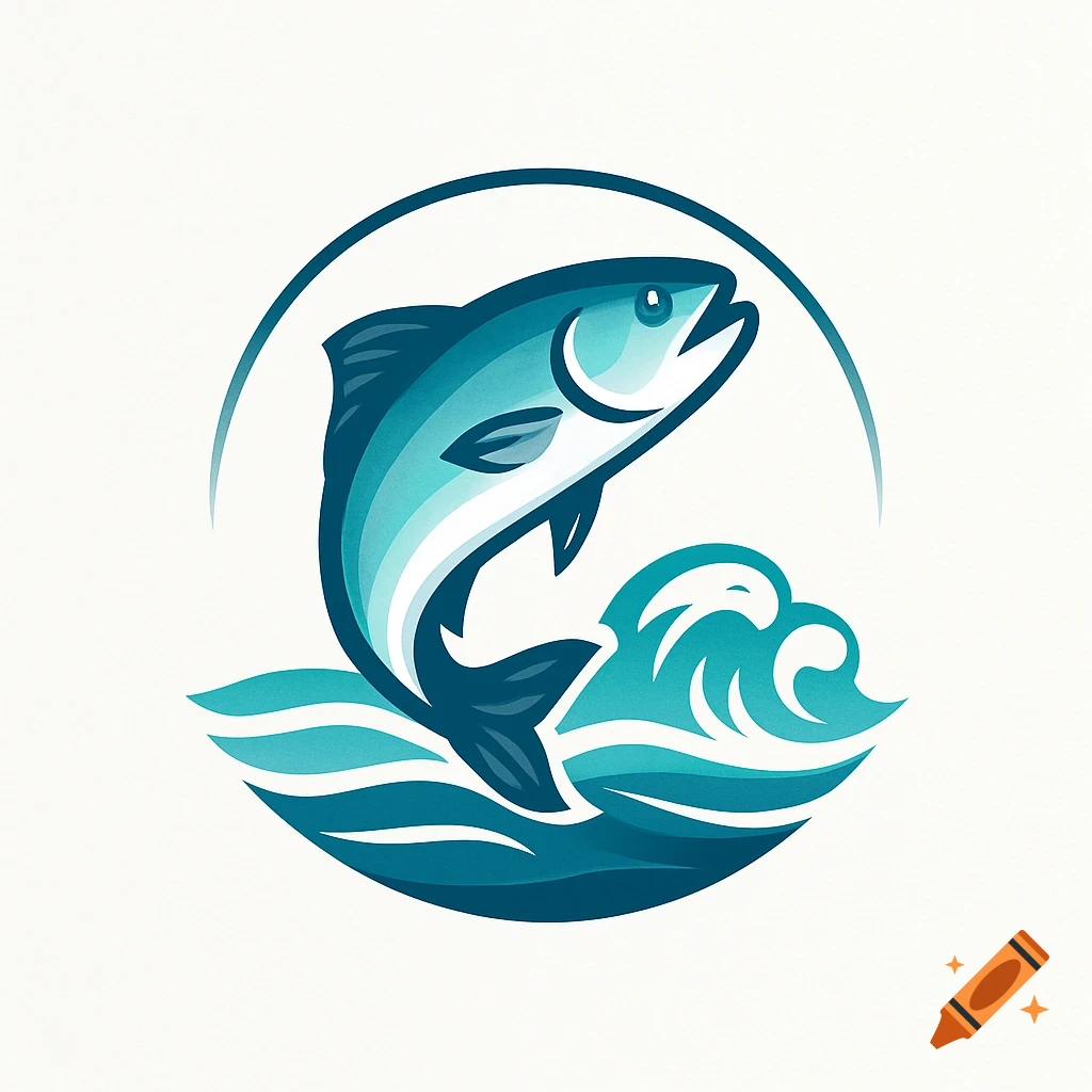 A stylized blue fish jumping out of blue waves, enclosed in a partial circular frame.