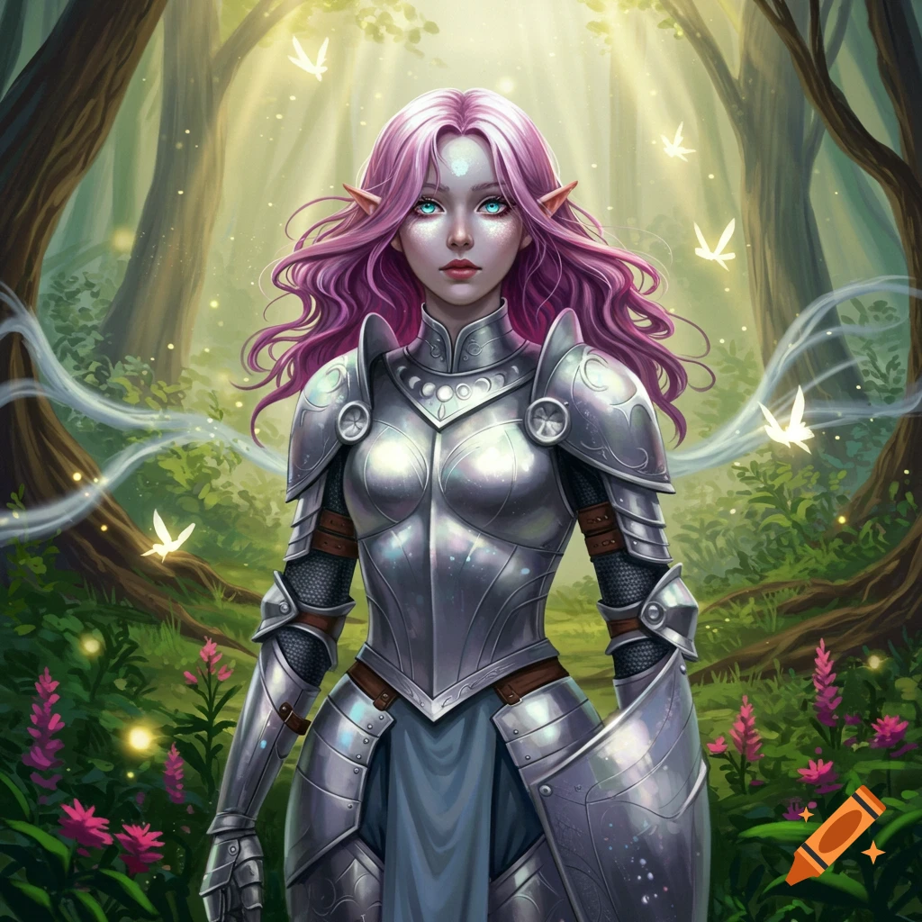 A fantasy illustration of a purple-haired Aasimar warrior woman in shining armor standing in a magical forest with glowing butterflies.
