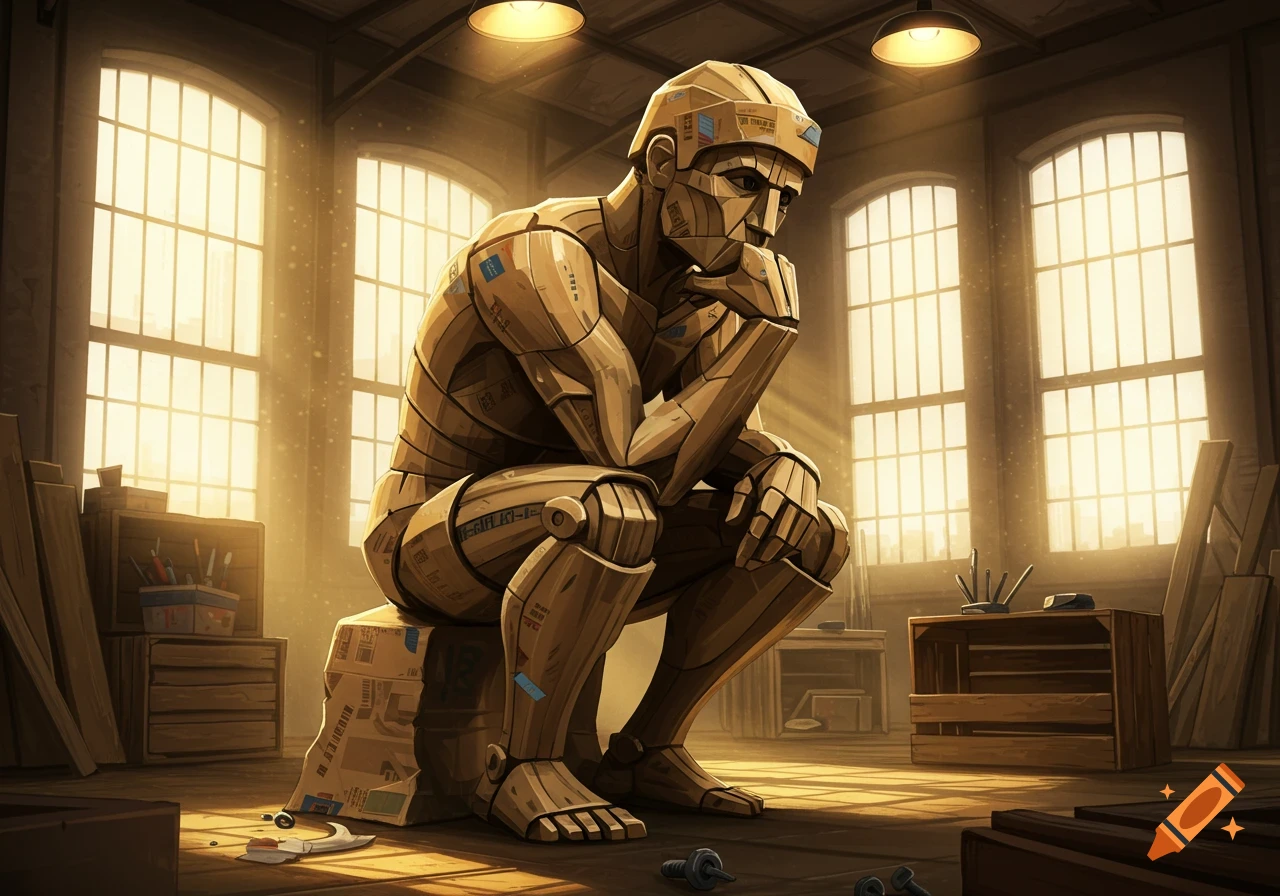 A cardboard box sculpture of Rodin's 'The Thinker' sits pondering in a sunlit workshop, surrounded by tools and wooden crates.