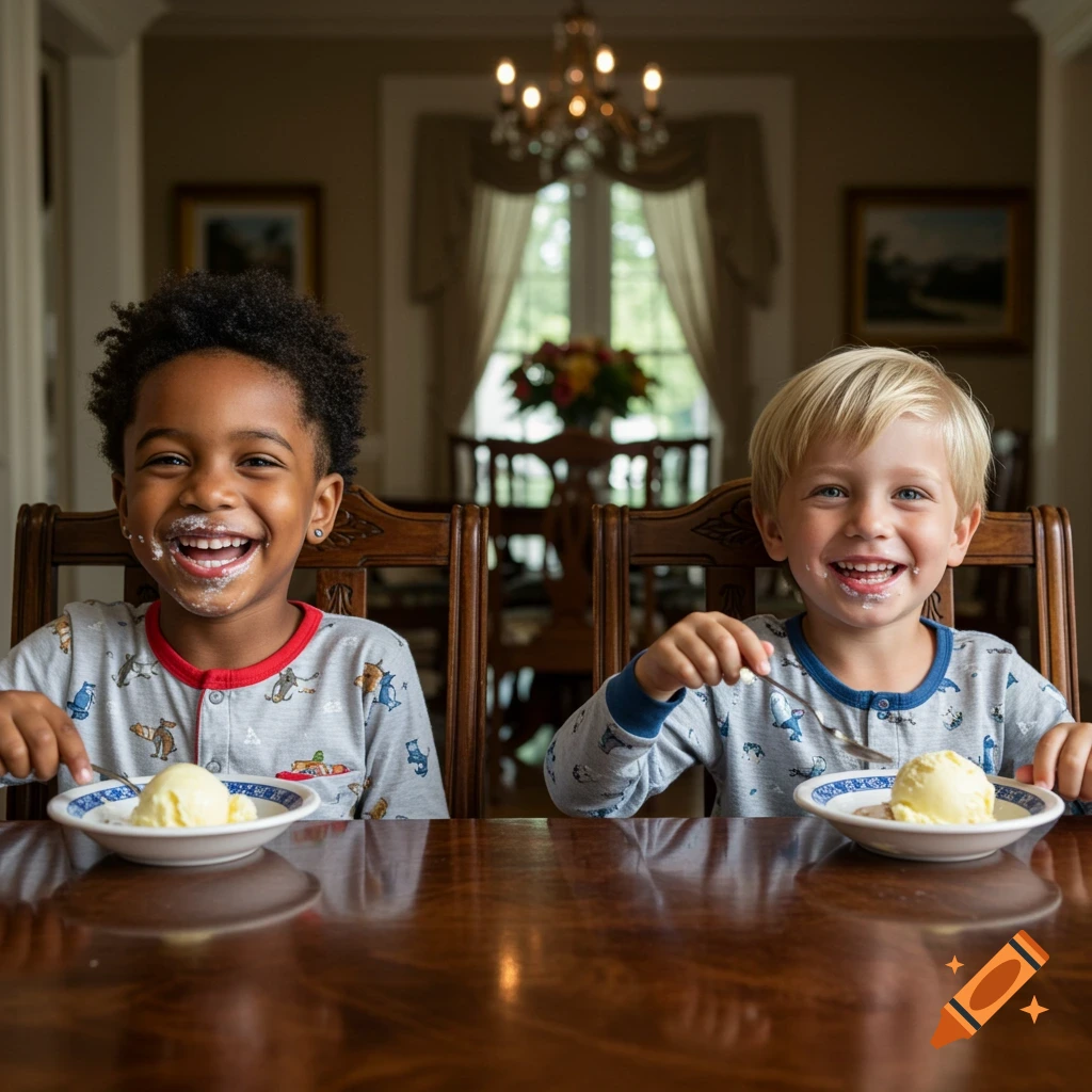 Two young boys, one Black with afro and one white with blonde hair, happily eating vanilla ice cream in pajamas at a wooden dining table, a photorealistic image.