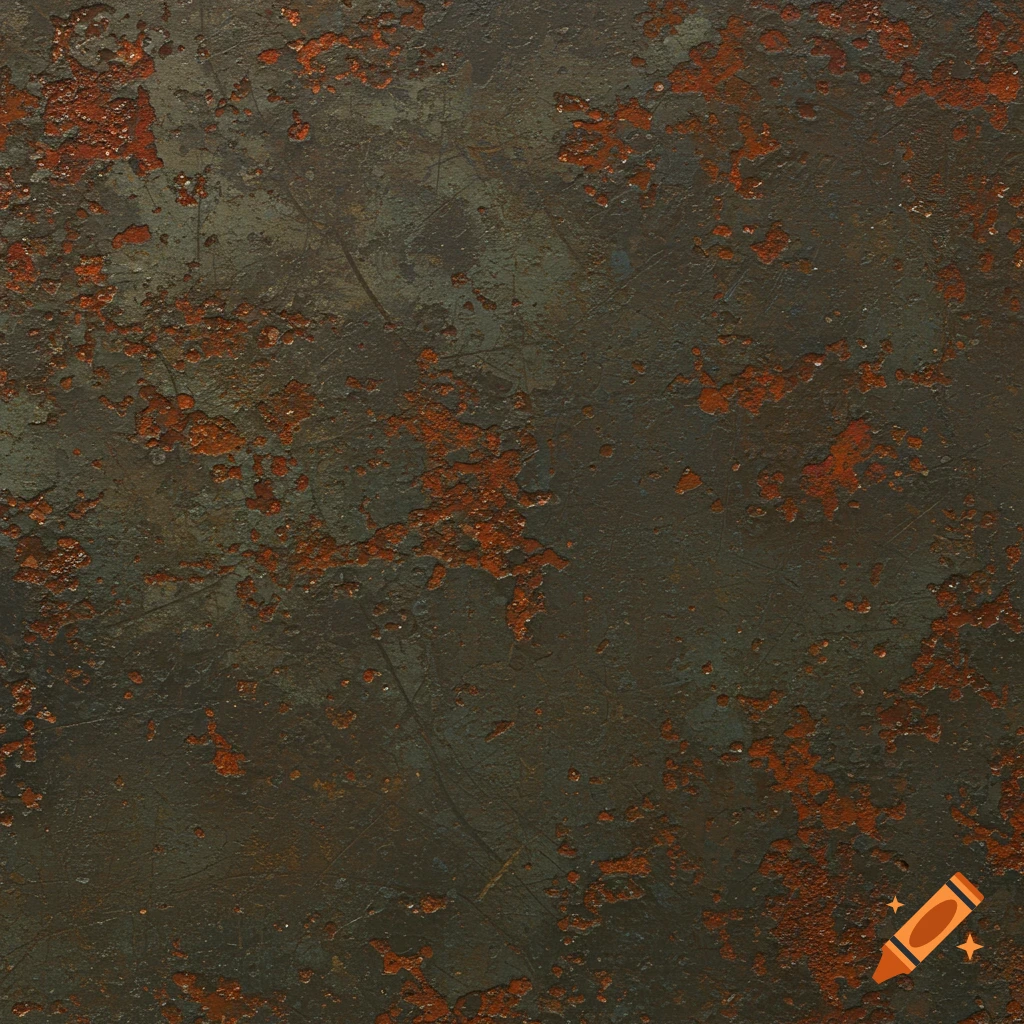A close-up of a dark, aged metal surface with irregular patches of reddish-brown rust and scratches.