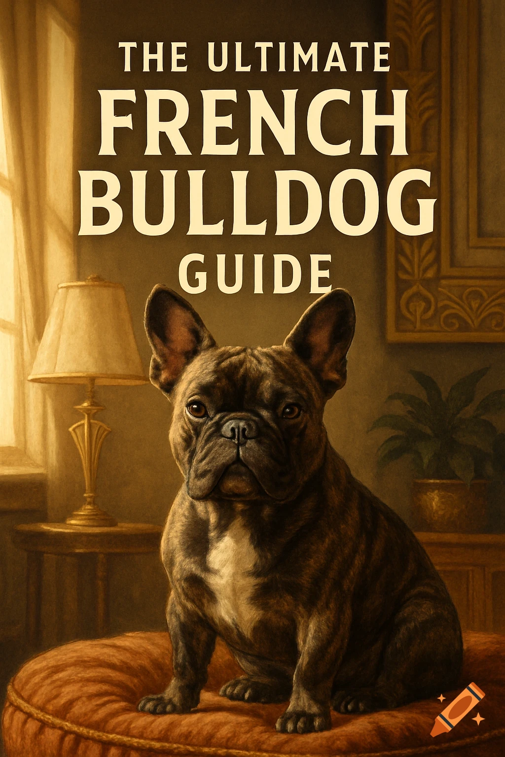 A brindle French Bulldog sits on a cushion, with the title "THE ULTIMATE FRENCH BULLDOG GUIDE" above it. The image has a painterly style.