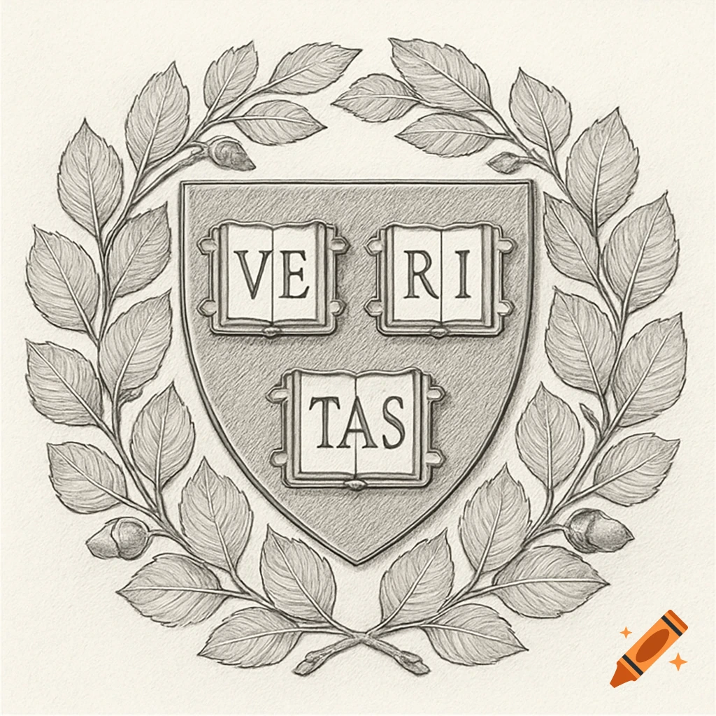 Pencil sketch of the Harvard University crest, featuring a shield with 'VERITAS' on three books, surrounded by a wreath of leaves and acorns.