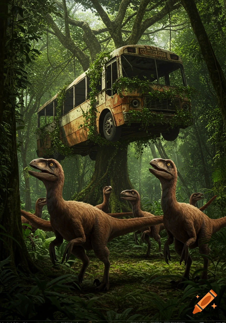 Photorealistic image of feathered deinonychus raptors in a lush jungle looking up at an overgrown, abandoned bus suspended in a tree.