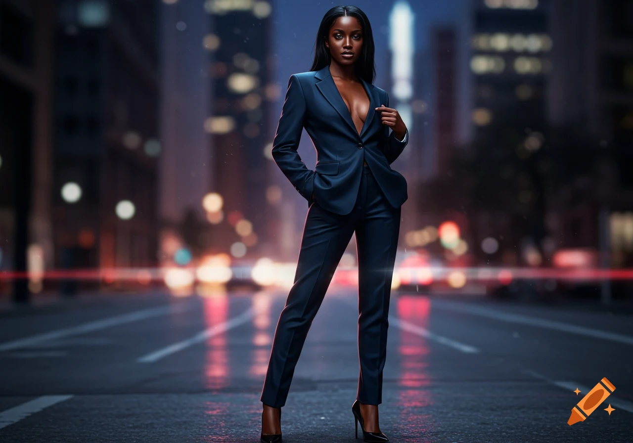 A confident woman in a dark suit stands on a city street at night, with bokeh lights in the background.
