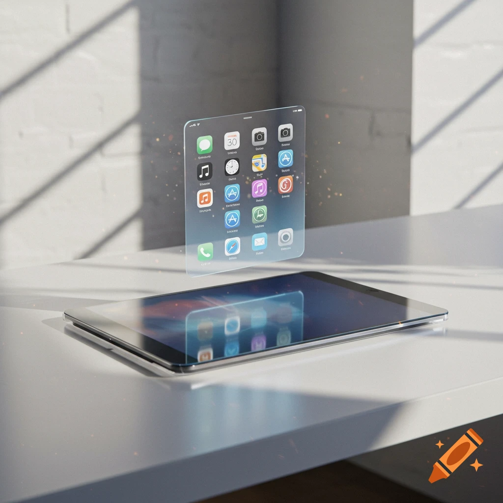 A futuristic transparent holographic screen displaying app icons floats above a sleek tablet device on a white surface, with sunlight casting shadows on a wall.