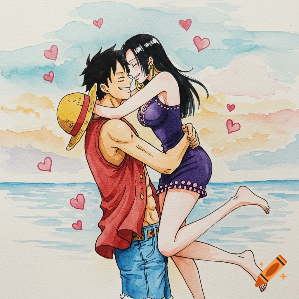 Luffy embraces Hancock in a romantic watercolor painting on a beach with hearts floating around.
