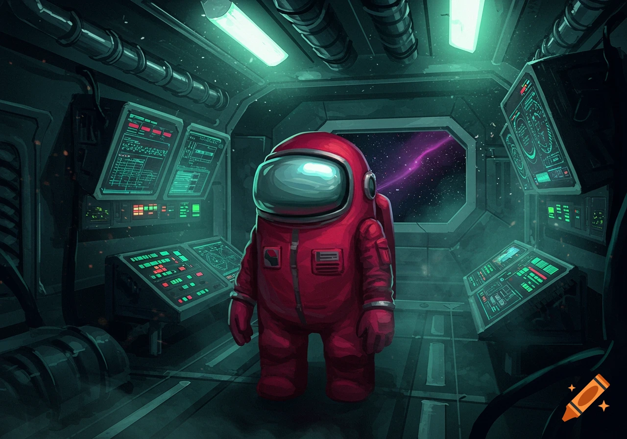 A red Among Us crewmate stands in a dark, teal-lit spaceship control room with glowing screens and a window showing a purple nebula.