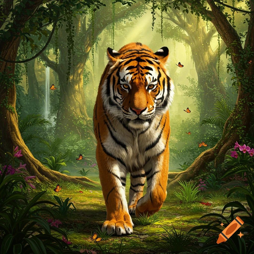 A powerful tiger walks forward through a lush, sun-dappled jungle with butterflies and a distant waterfall.
