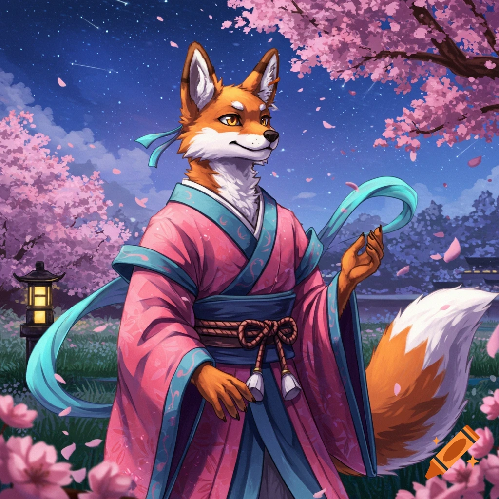 Anime style anthropomorphic fox in a pink kimono with a teal ribbon stands among cherry blossoms under a starry night sky.
