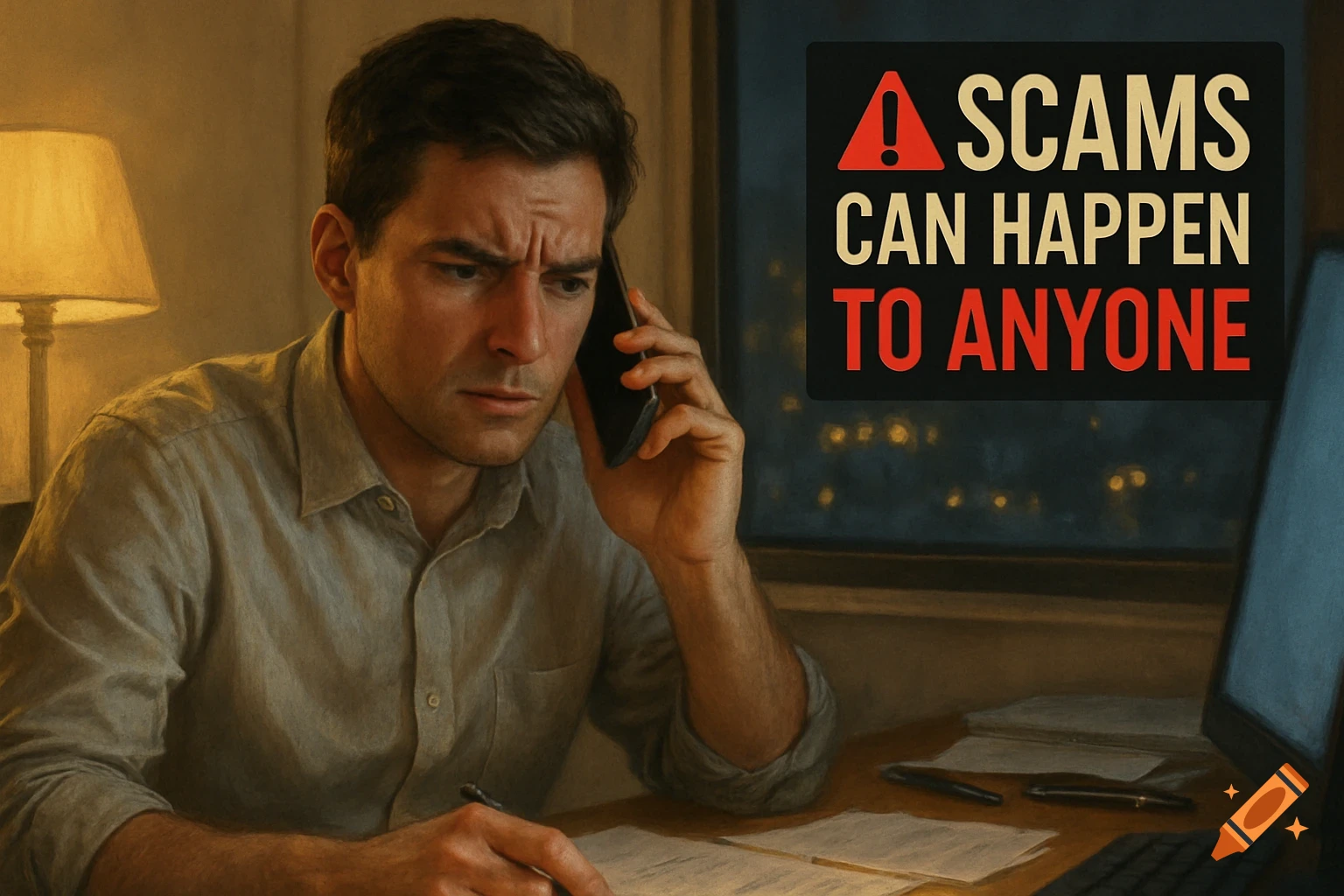 A concerned man on a phone call, working late, with a graphic reading 'SCAMS CAN HAPPEN TO ANYONE'.