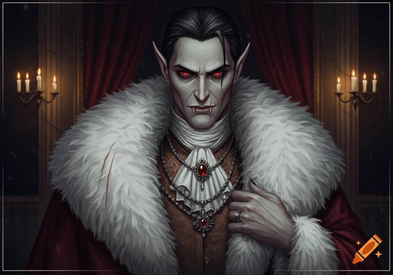 Pale-skinned male vampire with red eyes, fangs, pointy ears, wearing an ornate formal outfit with a white fur coat.