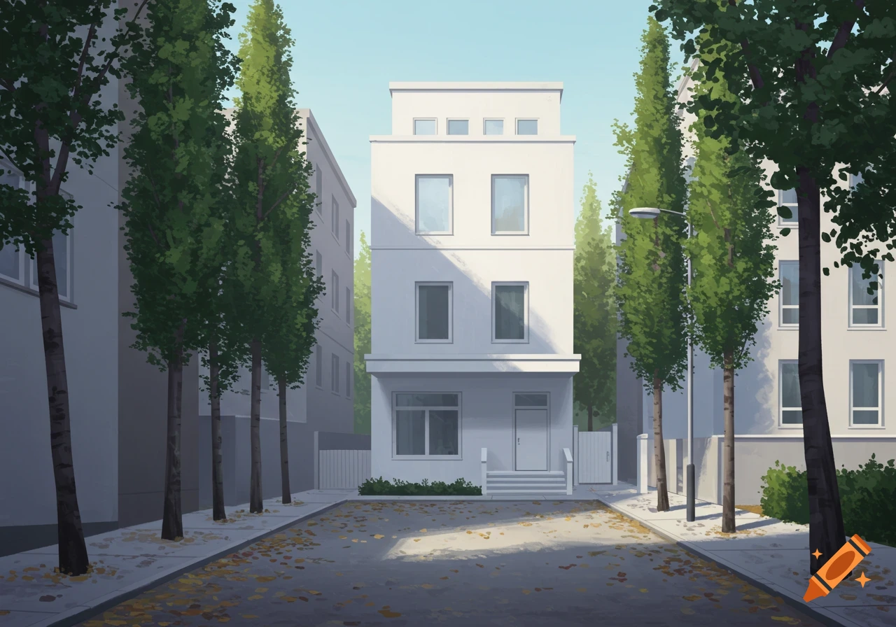 A stylized illustration of a white, four-story building with a front porch, flanked by other buildings and tall trees on a street with fallen leaves.