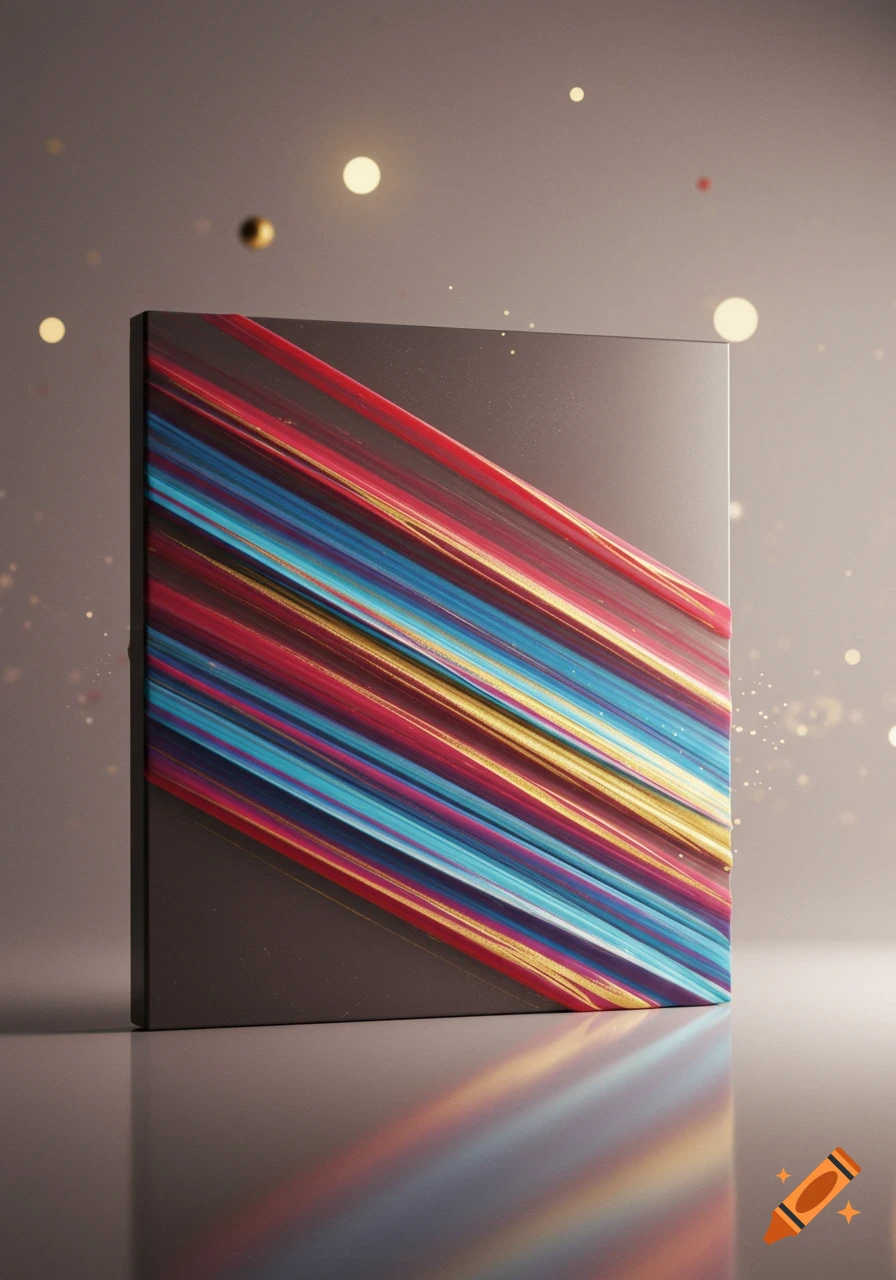 Abstract rectangular panel with diagonal red, blue, and gold light streaks, reflecting on a surface with soft bokeh lights.