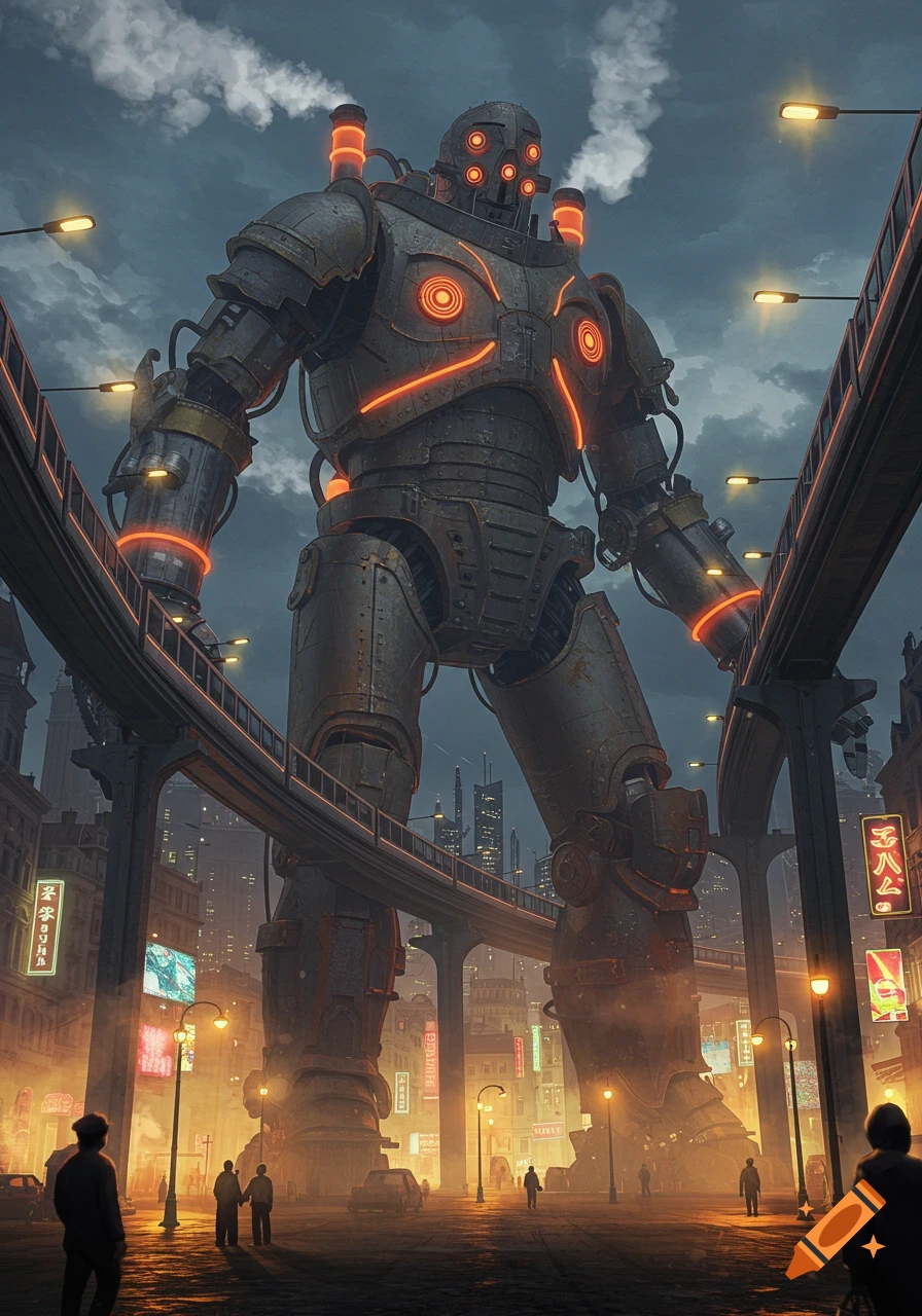 A towering, rusty, industrial robot with glowing orange details stands in a bustling, futuristic city street at dusk, dwarfing pedestrians and elevated train tracks.