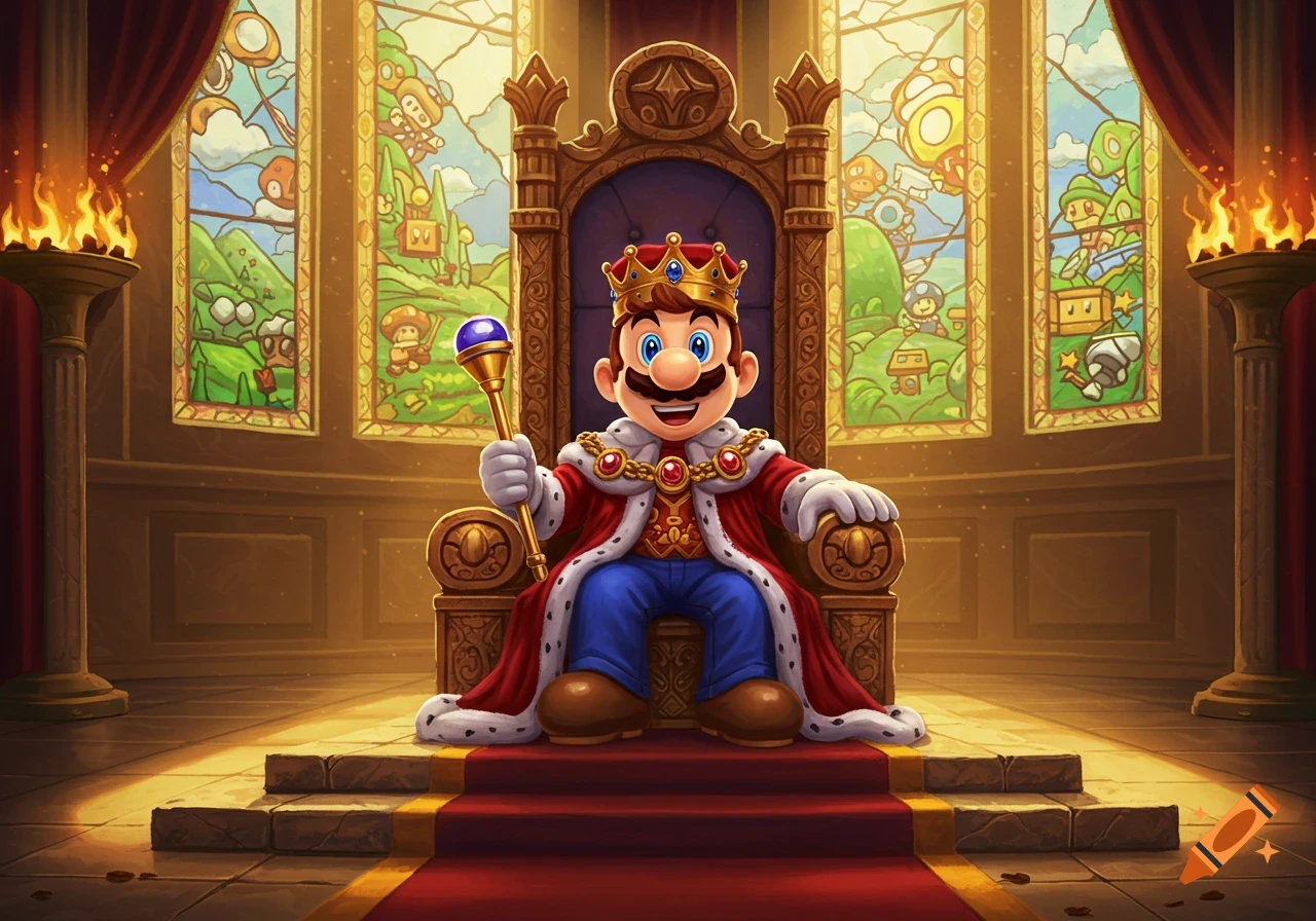 Mario as a king, sitting on a golden throne in a grand hall with stained glass windows depicting game elements.