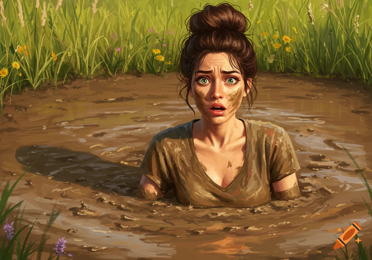 Young brunette woman with messy bun stuck in thick mud, looking shocked in a grassy outdoor setting. Digital art.