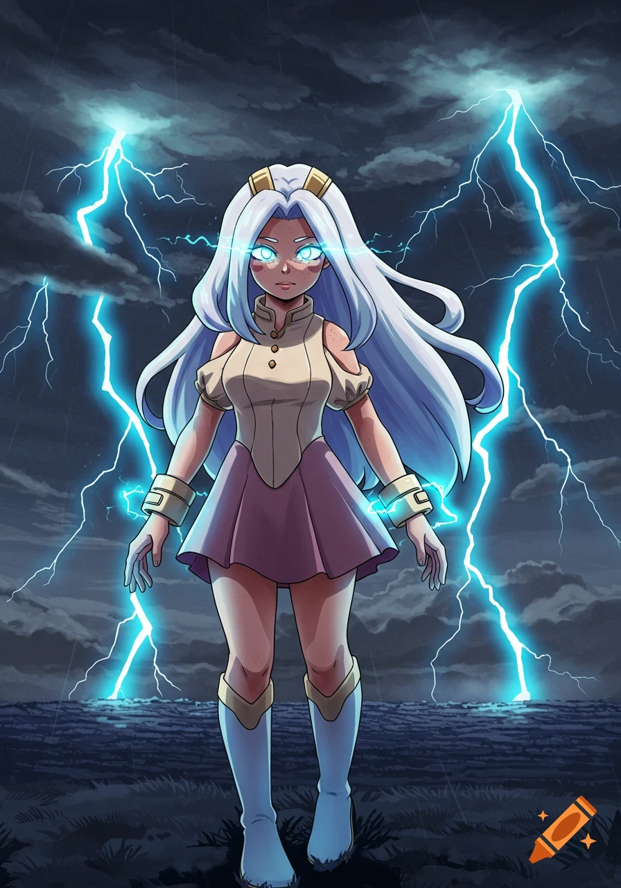 An anime girl with long pale blue hair and glowing blue eyes stands in a stormy setting with bright lightning bolts.