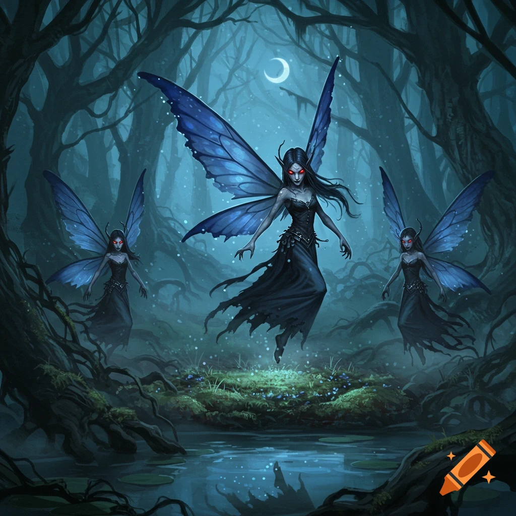 Three dark fairies with glowing red eyes and blue wings float above a mystical forest swamp at night under a crescent moon. Dark fantasy art.