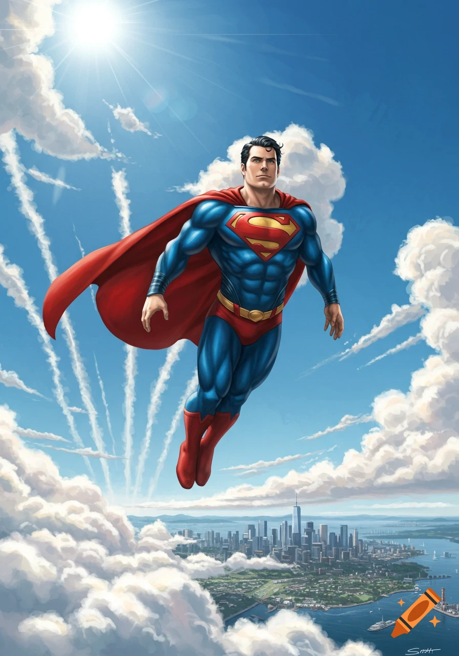Superman in his red and blue suit with a red cape flying above a city with clouds in a comic book style.