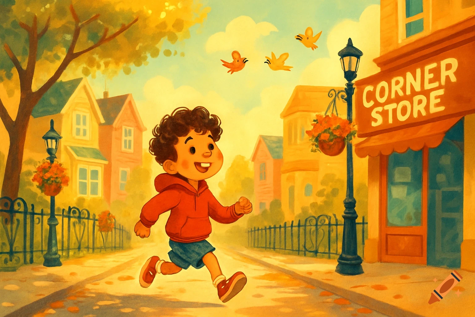 A happy, curly-haired boy in a red hoodie runs down a sunny street past colorful houses and a 'Corner Store' in a children's illustration style.