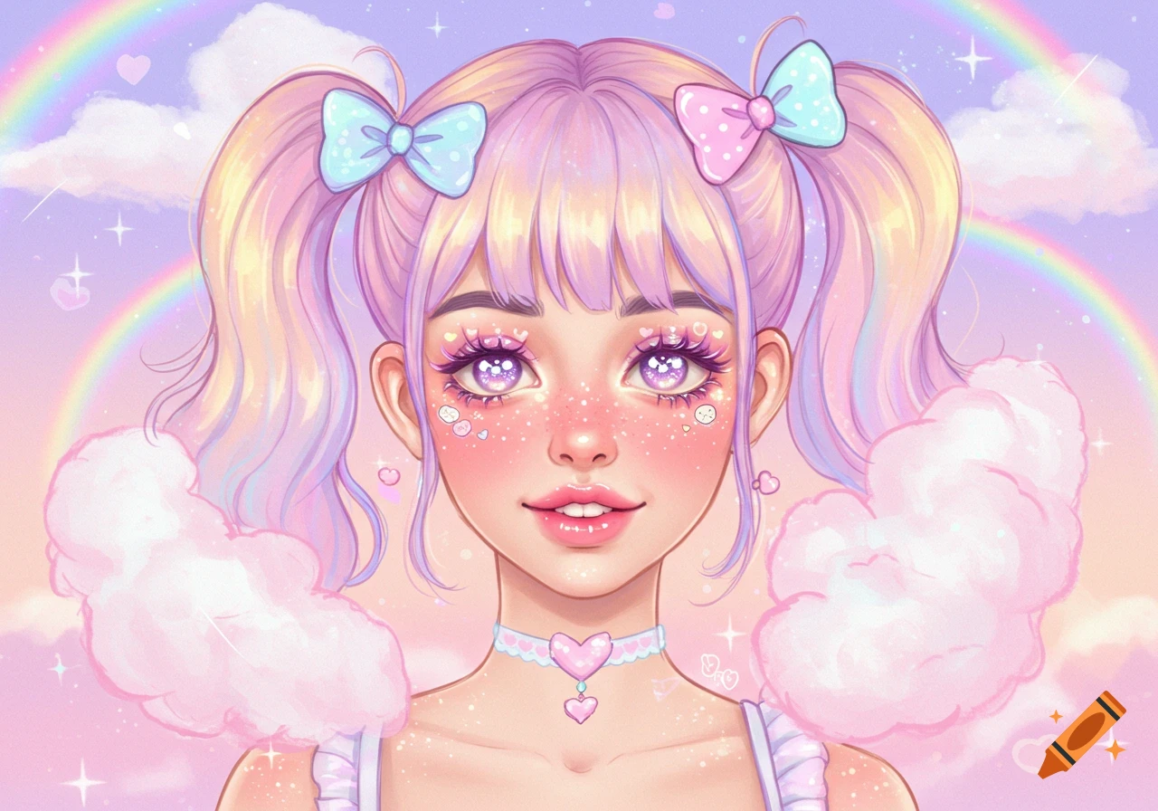Close-up digital art portrait of a girl with pink hair in pigtails, pastel bows, whimsical makeup, a heart choker, and clouds on her shoulders, against a rainbow and cloud background.