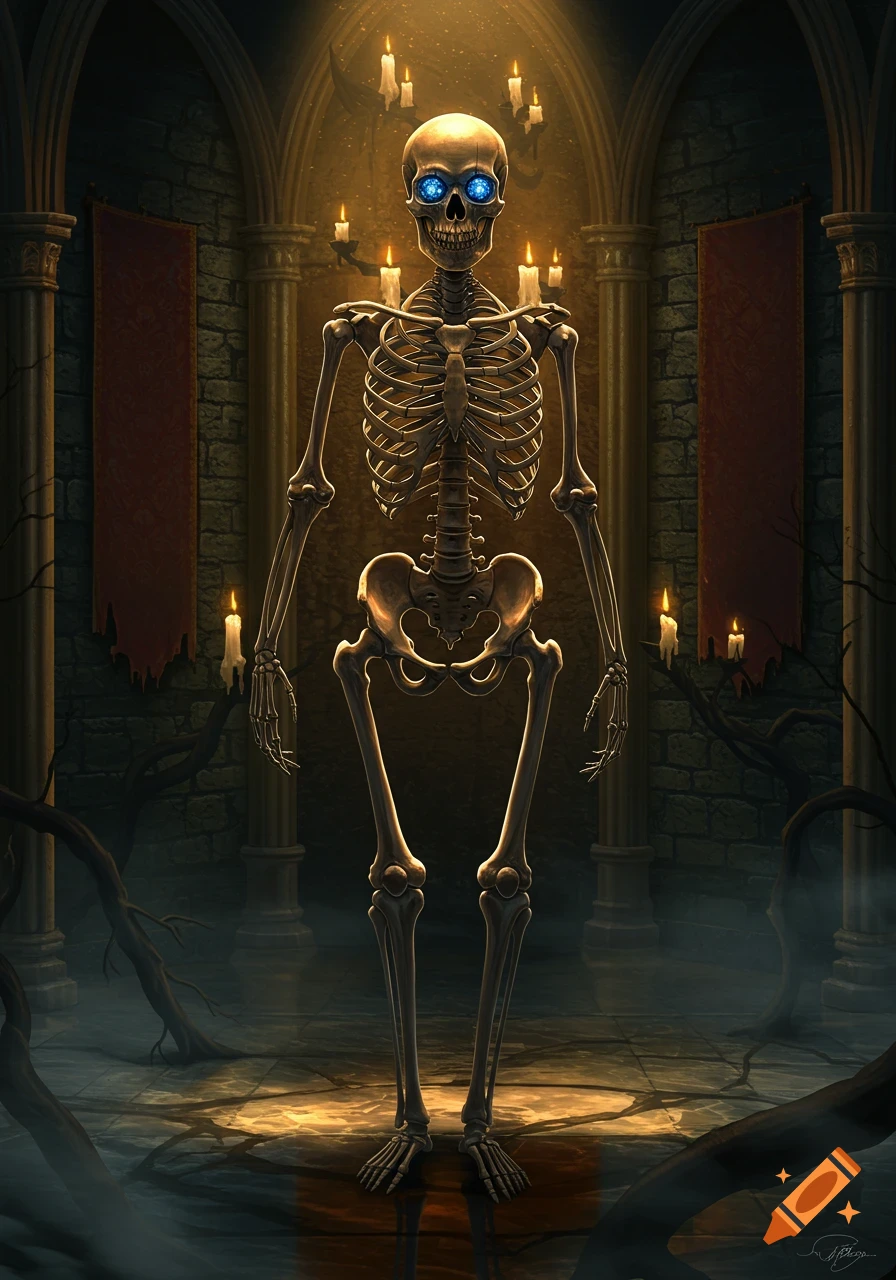 A skeletal figure with glowing blue eyes stands in a dark, candlelit gothic hall with mist and tree branches on the floor.