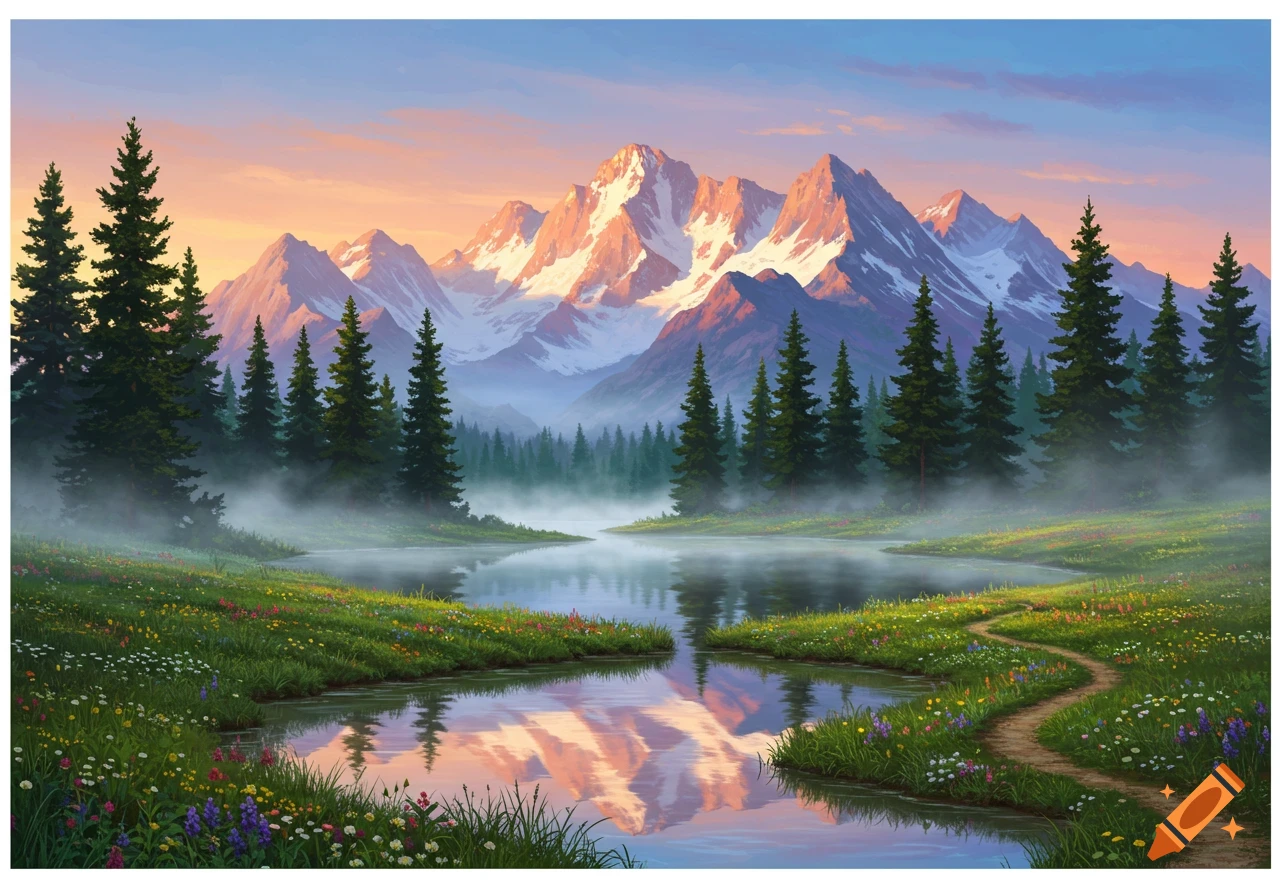 Vibrant painterly landscape with snow-capped mountains reflected in a lake, surrounded by pine forests and a wildflower meadow.