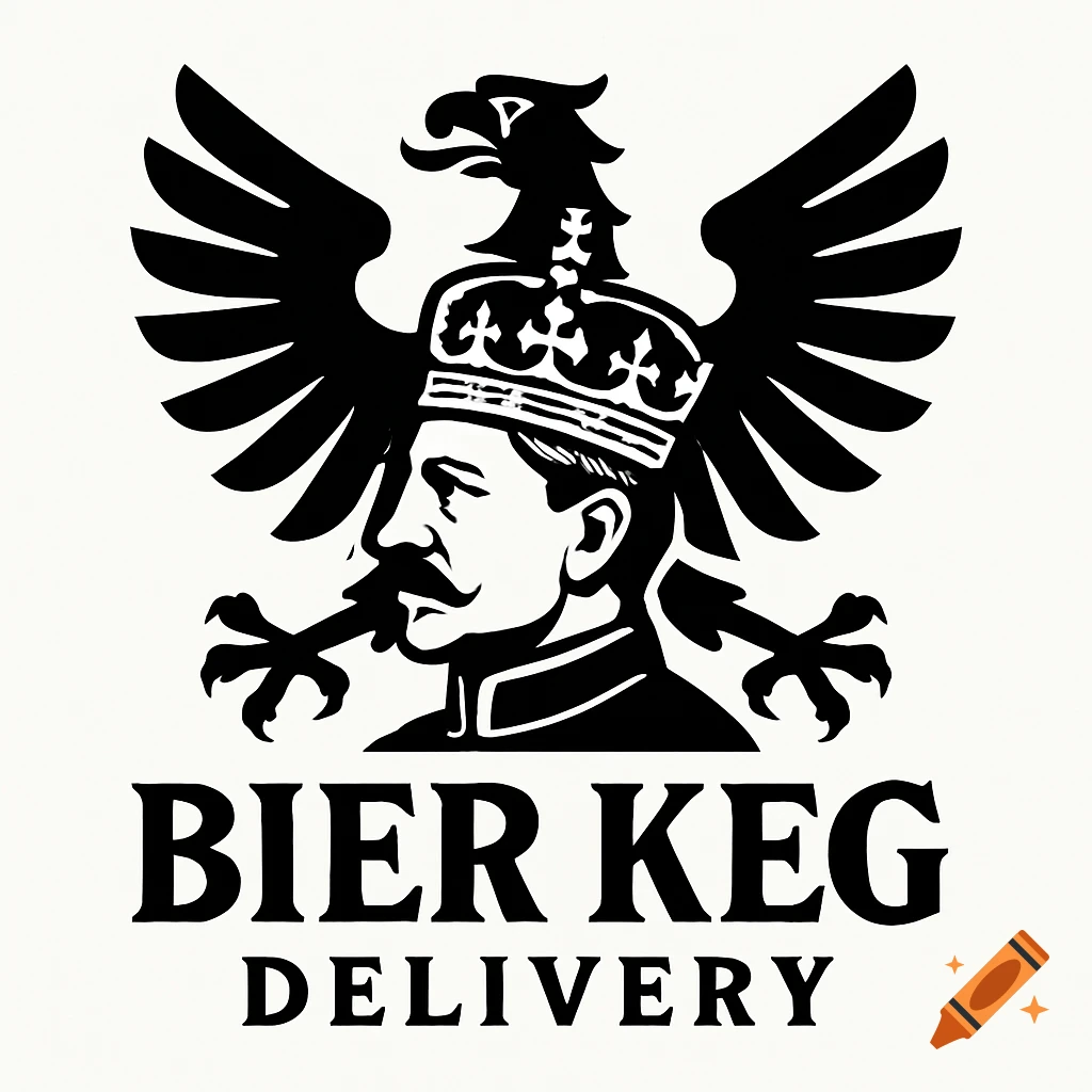 Black and white logo featuring a crowned man's profile and a royal eagle, with the text 'BIER KEG DELIVERY'.