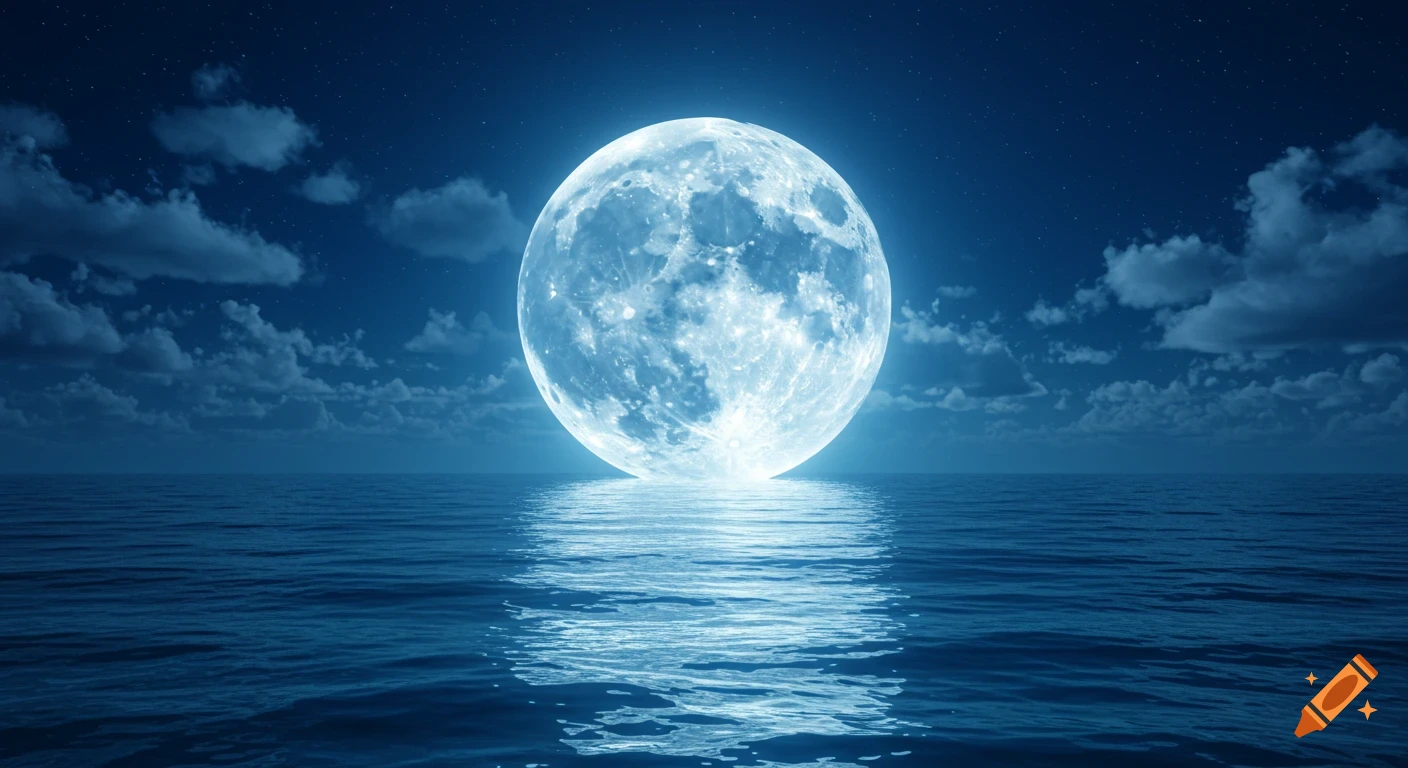 Hyperrealistic image of a huge glowing full moon over a ripply ocean under a dark blue night sky.