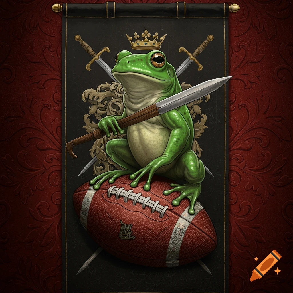 A green frog holding a spear, sitting on a football. The frog and football are on a dark, ornate banner with crossed swords and a crown.