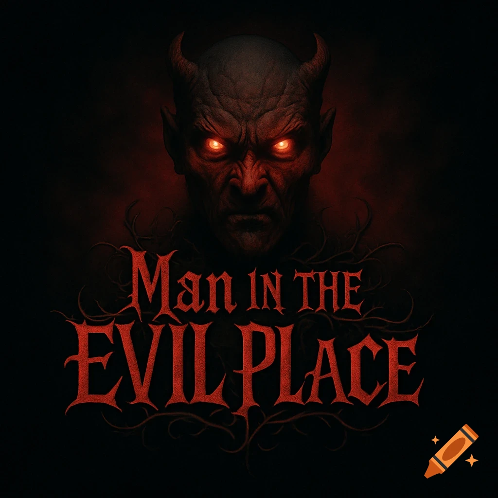 Dark, menacing demonic face with glowing red eyes and horns above the text "Man in the Evil Place" in an ornate, red font.
