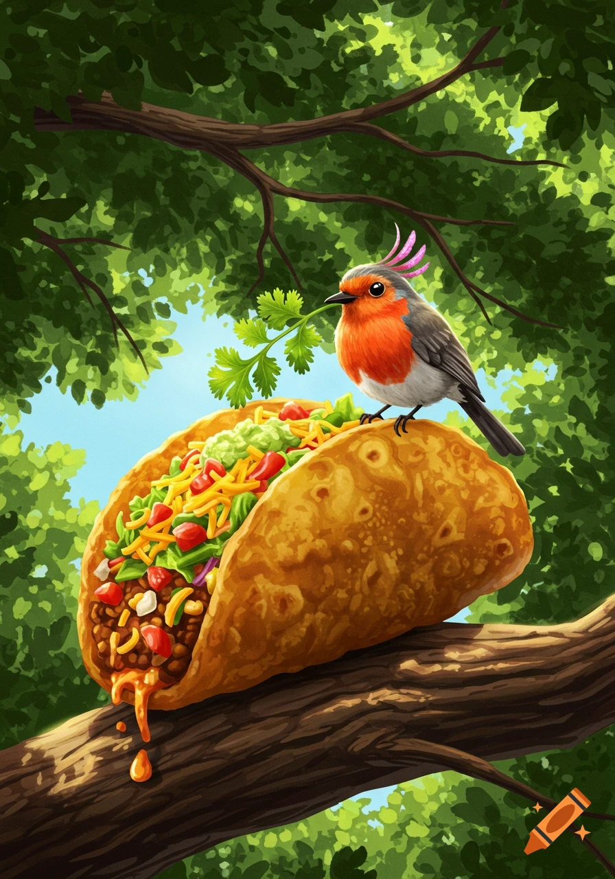 Whimsical illustration of a robin with pink crest feathers perched on a large, overflowing taco on a tree branch.