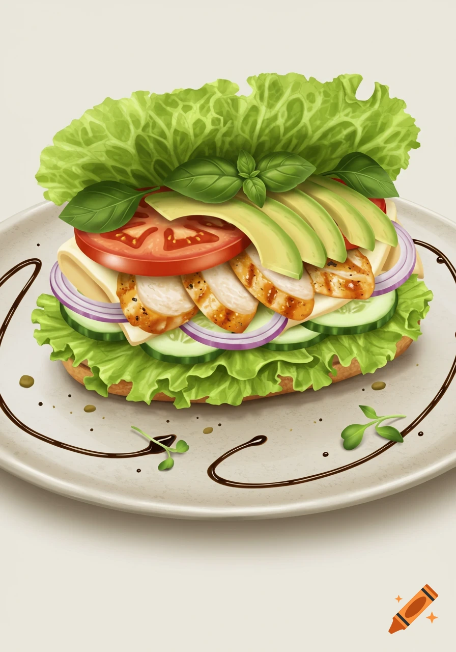 A colorful, illustrative depiction of a healthy sandwich filling with grilled chicken, avocado, tomato, lettuce, and basil on a white plate with balsamic drizzle.