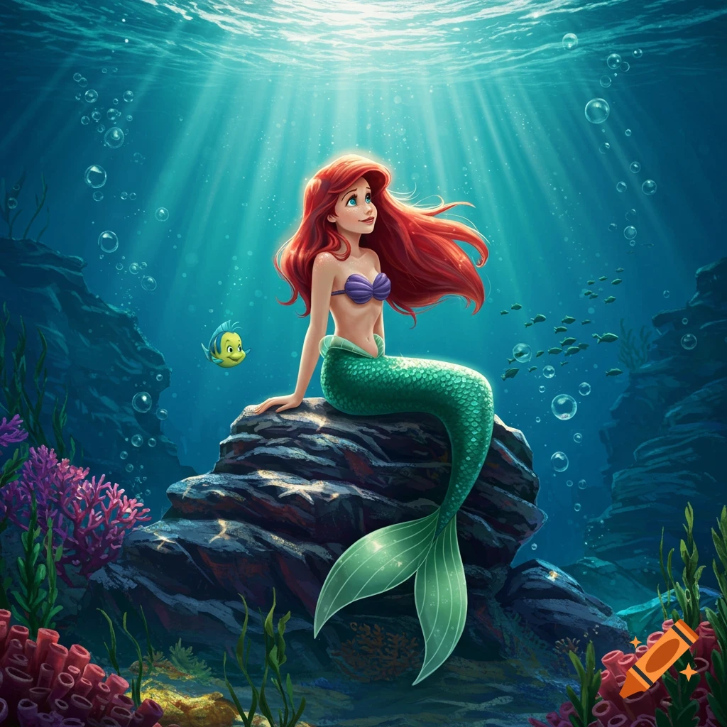 Cartoon illustration of Ariel the mermaid with red hair, sitting on a rock underwater with Flounder beside her, light rays shining from above.