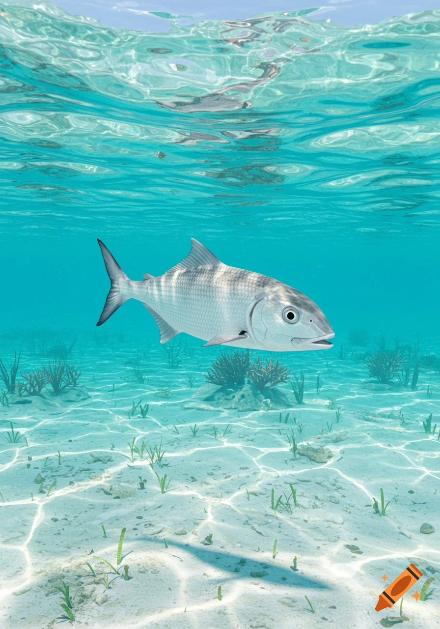 A photorealistic bonefish swims in clear blue ocean water over a sandy seabed with plants and coral, dappled by sunlight.